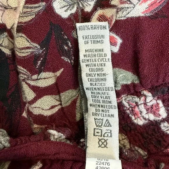 American Rag Burgundy Floral Long Sleeve Smocked Waist Mini Dress Peasant Boho - Picture 8 of 11